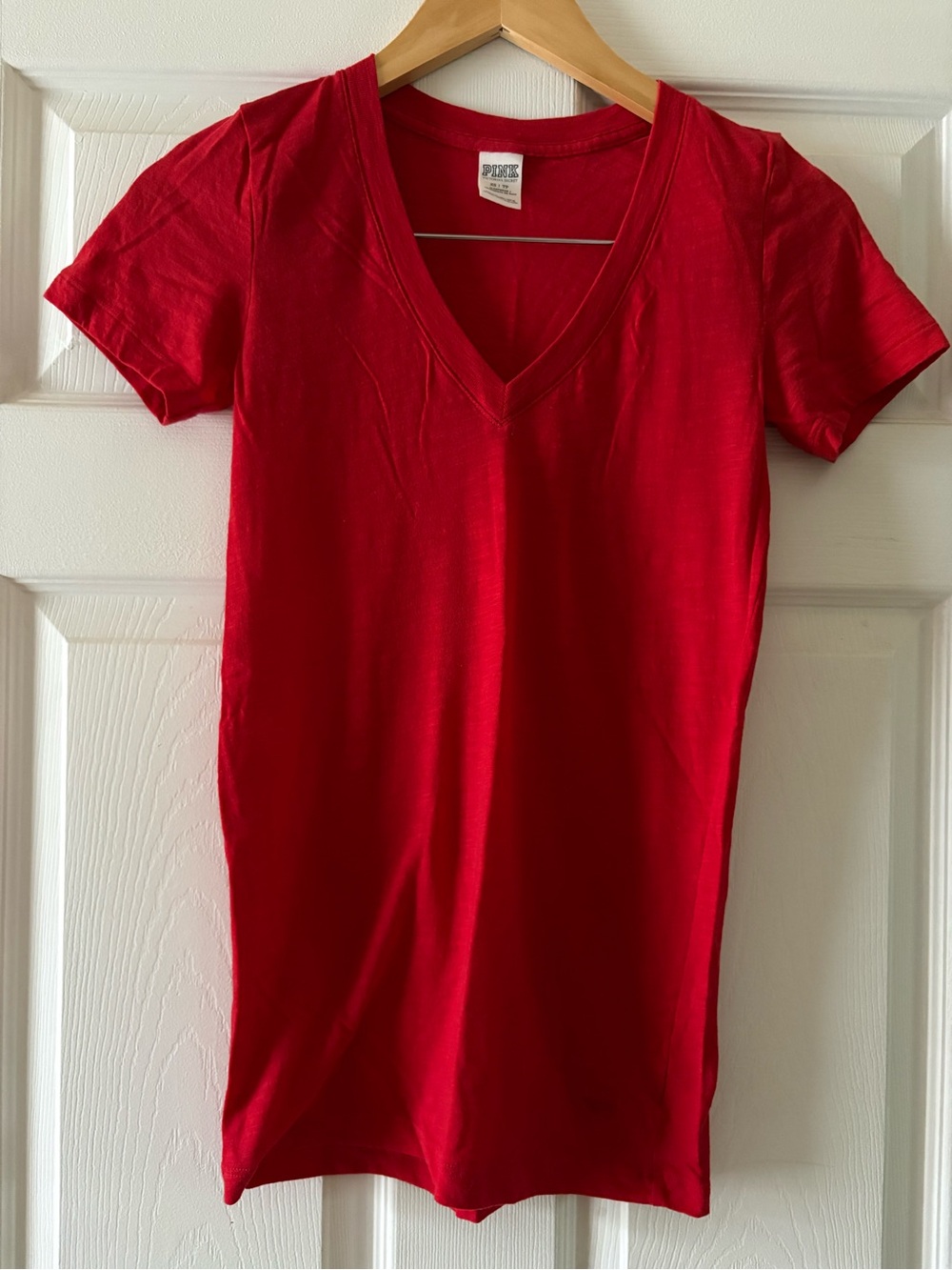 PINK Victoria's Secret Bright Red V‑Neck Short Sleeve Tee